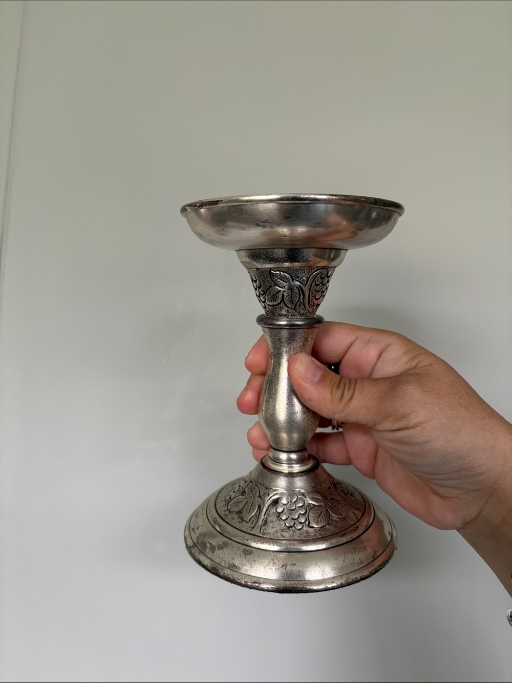 Vintage Pottery Barn Silver Decorative Candle Holder with Floral Motif